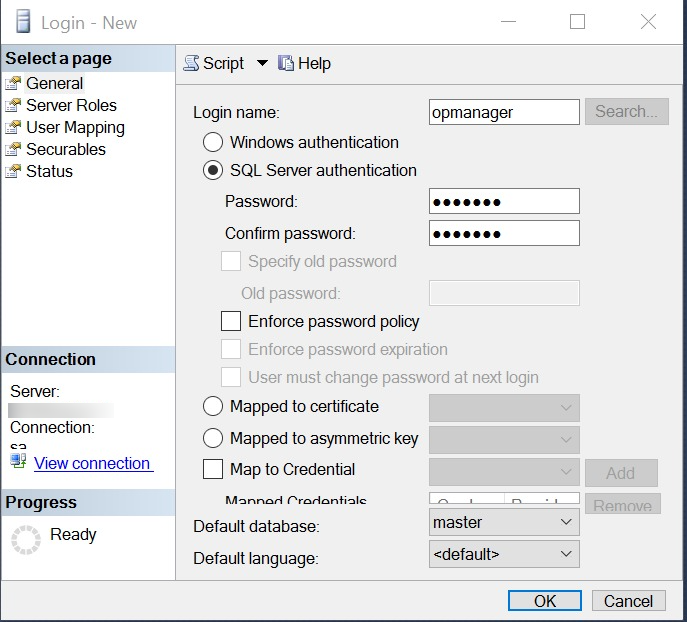 MSSQL Server Configuration for OpManager: SQL authentication type and credentials