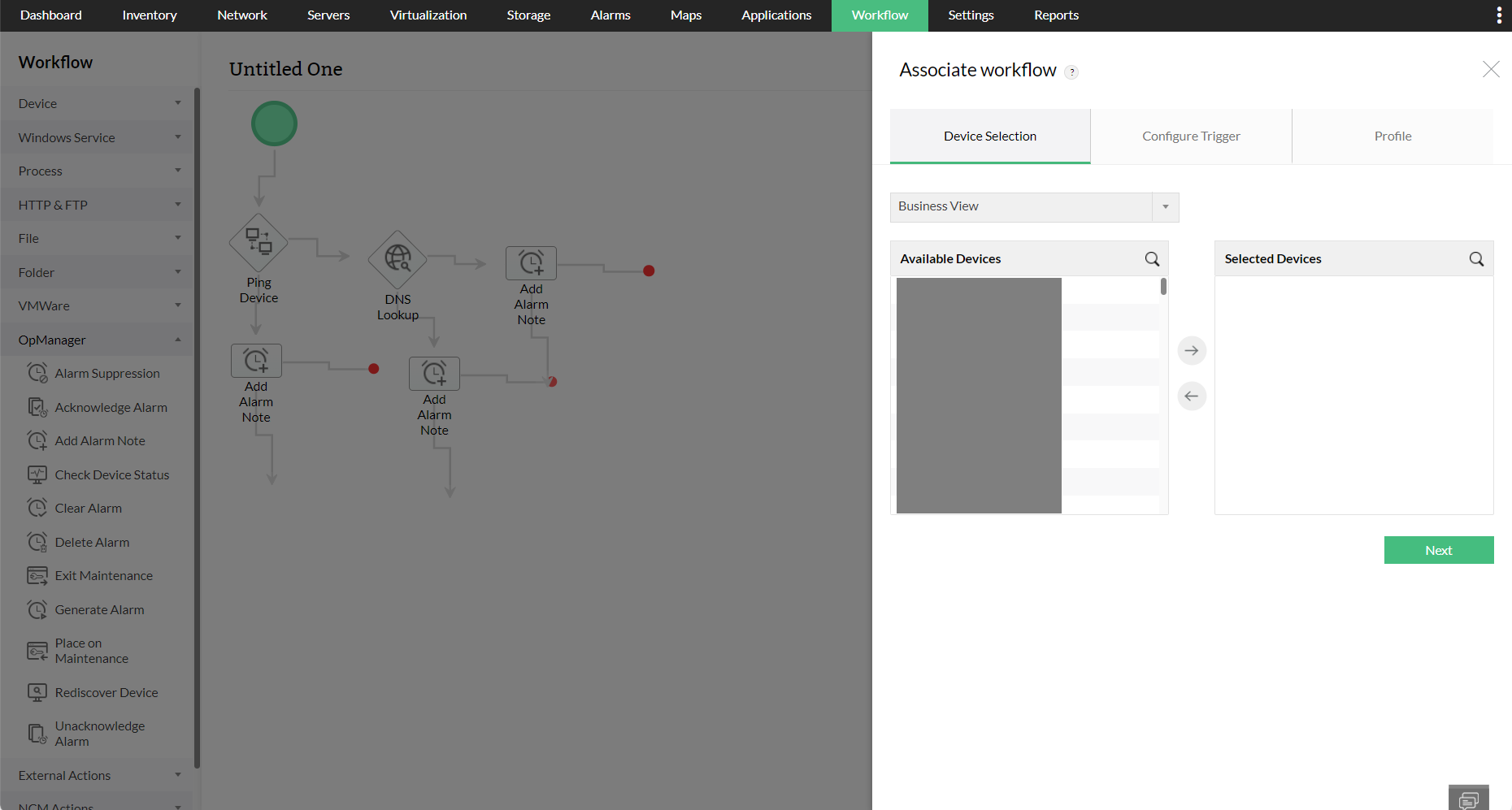 Workflow addition in OpManager: Selecting devices for Workflow