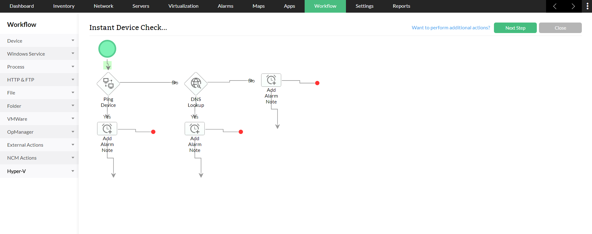 Workflow actions in OpManager: Workflow setup