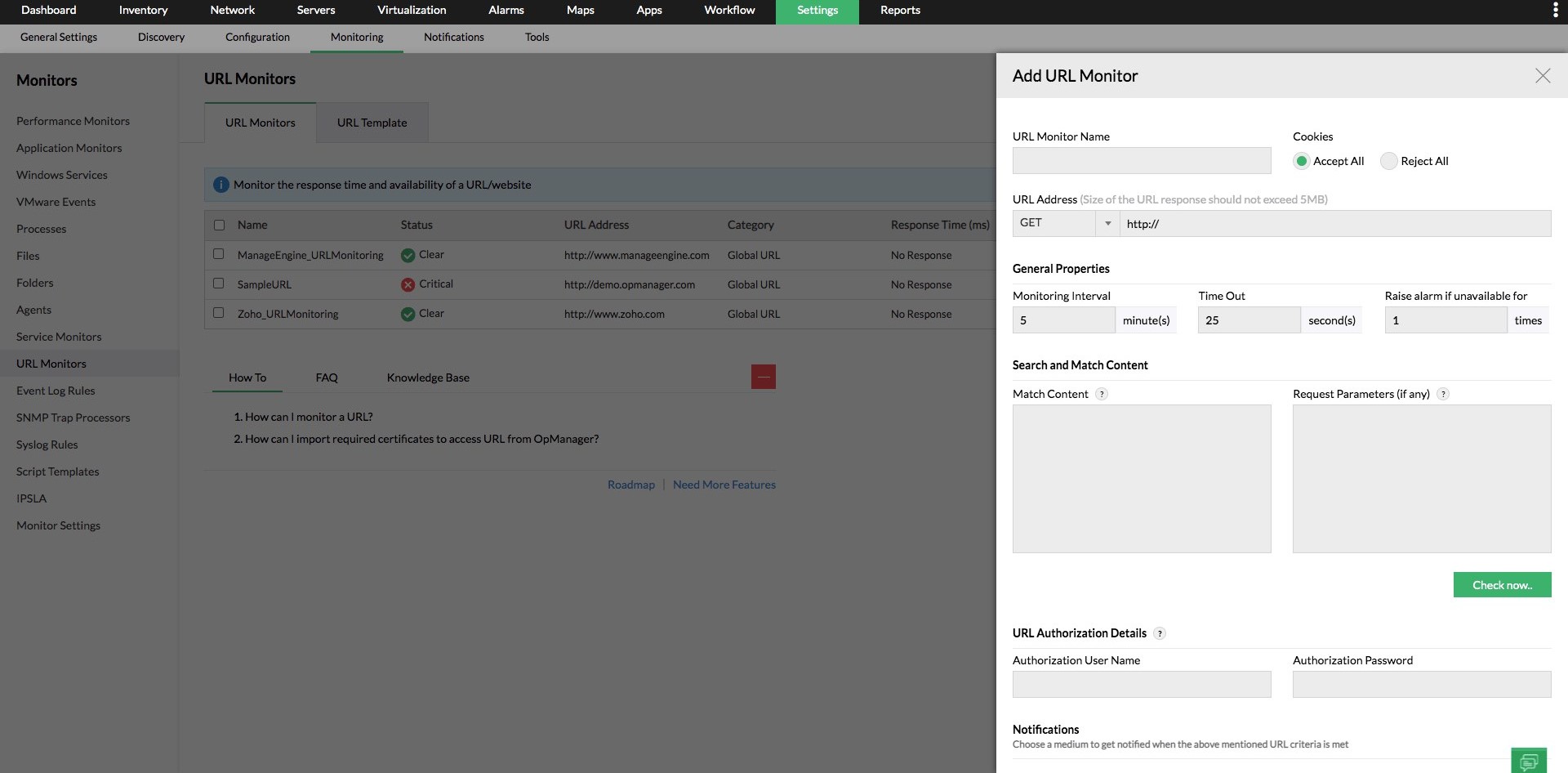 URL monitoring - ManageEngine OpManager